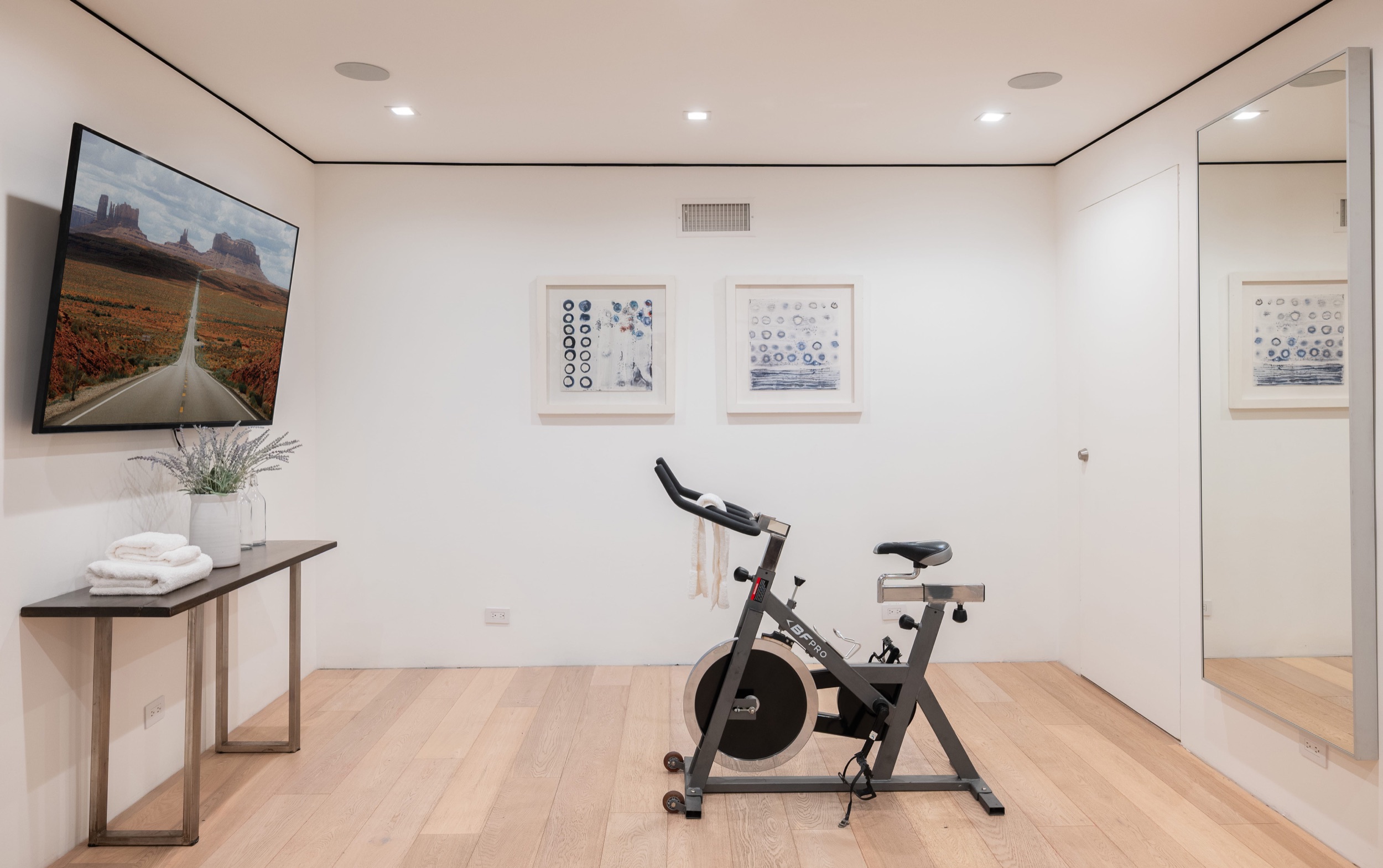 Gym from the doorway with the bike and console table