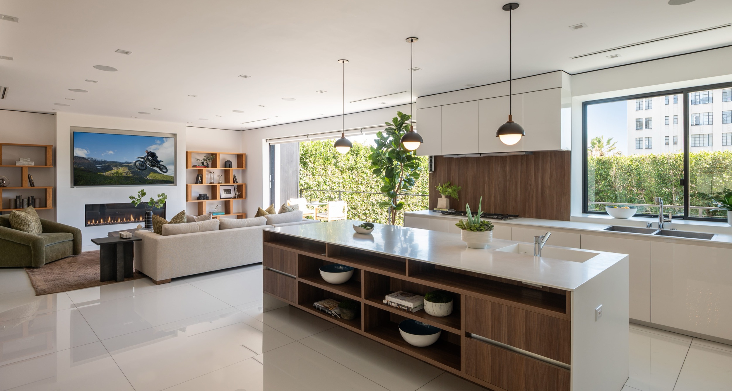 Kitchen open to the family room and fireplace